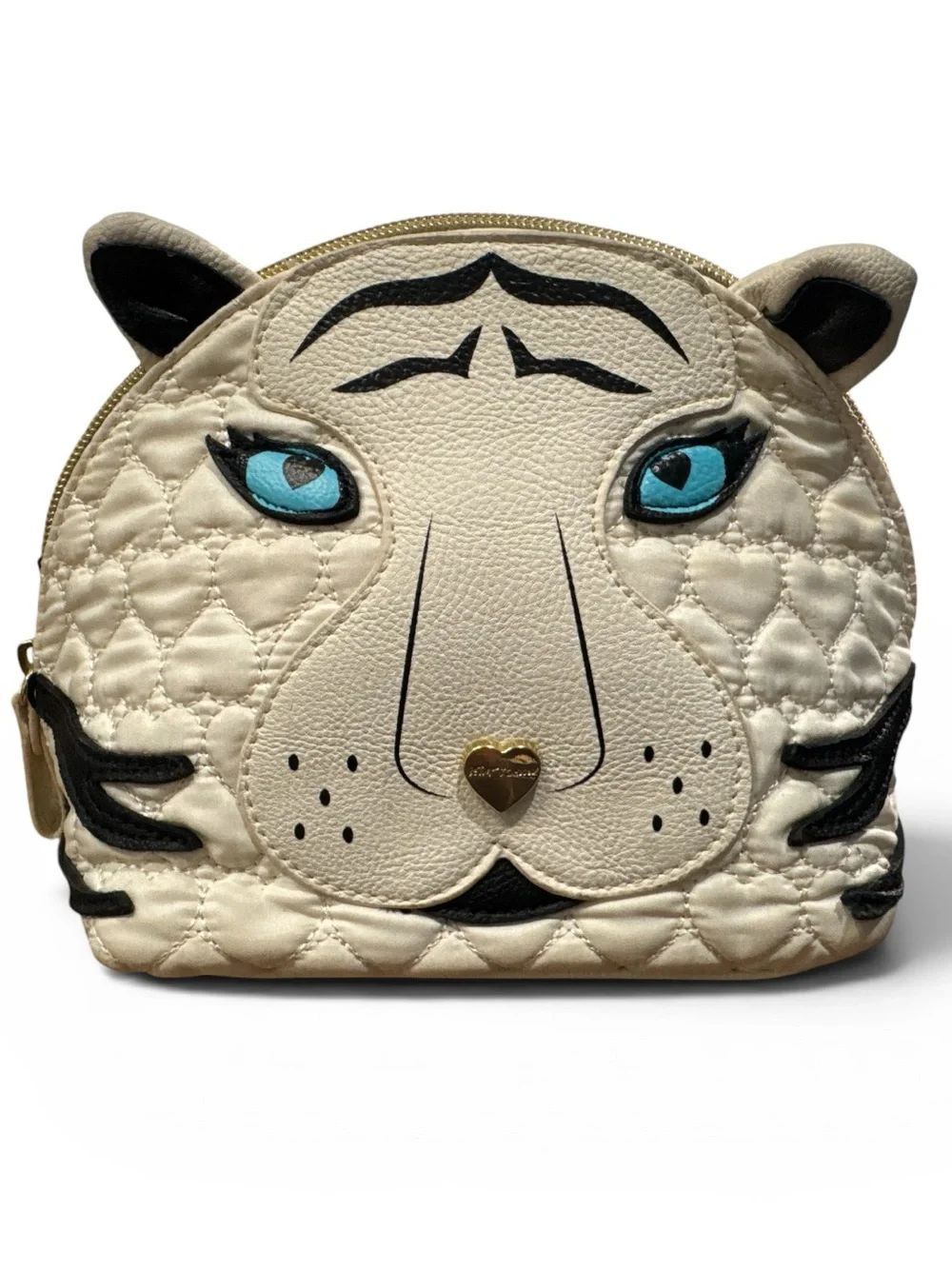 Betsey Johnson Cream Quilted Tiger Face Cosmetic Bag with Blue Eyes